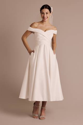 Picture of Satin Draped Off-the-Shoulder Tea-Length Dress